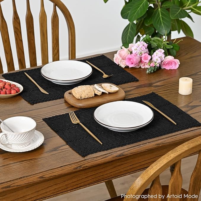 Artoid Mode Black Farmhouse Woven Rustic Hollow Placemats Set of 6,12x18 Inch Seasonal Holiday Table Mats Party Kitchen Dining Decoration
