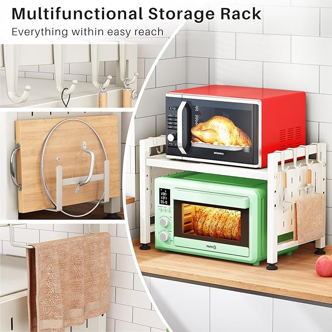 Microwave Stand, 2-Tier Expandable(17.4"-27.4") Microwave Oven Rack, Heavy Duty Adjustable Shelf with 9 hooks, Kitchen Organizer Storage Shelves for Pantry, Countertop, Coffee Bar, Office, Dorm, White