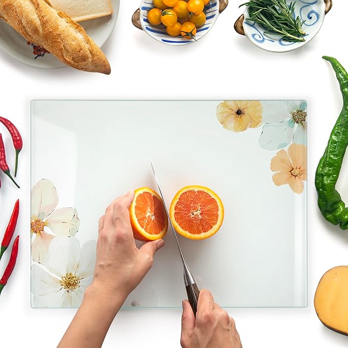 Kitchenville Glass Cutting Board 16"x12": Tempered Glass Kitchen Counter Protector - Durable- Scratch-Resistant, Heat-Proof - Design 5 - Floral Design
