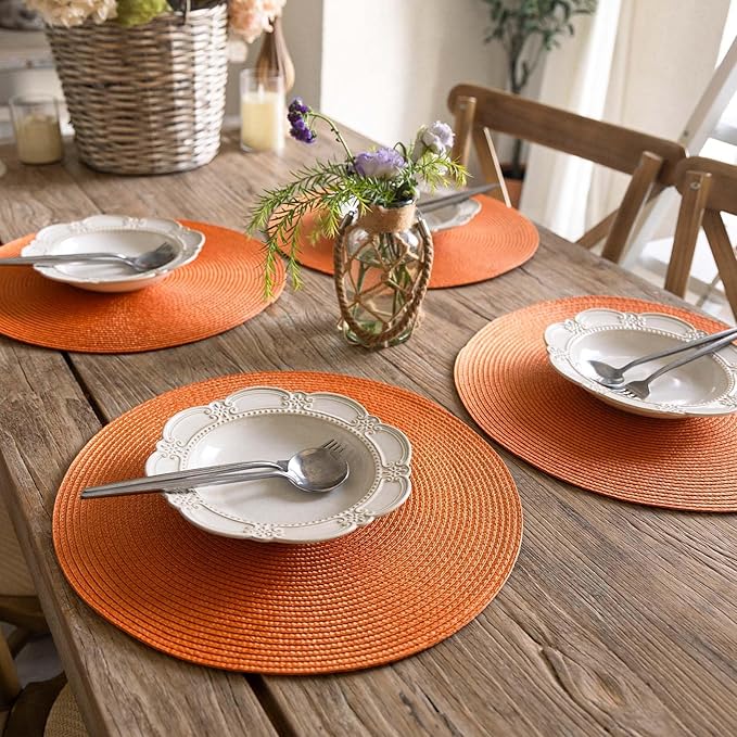 FunWheat Round Braided Placemats Set of 8 Place Mats for Dining Table Woven Washable Non-Slip Table Mats 15 Inch(Orange,8pcs)