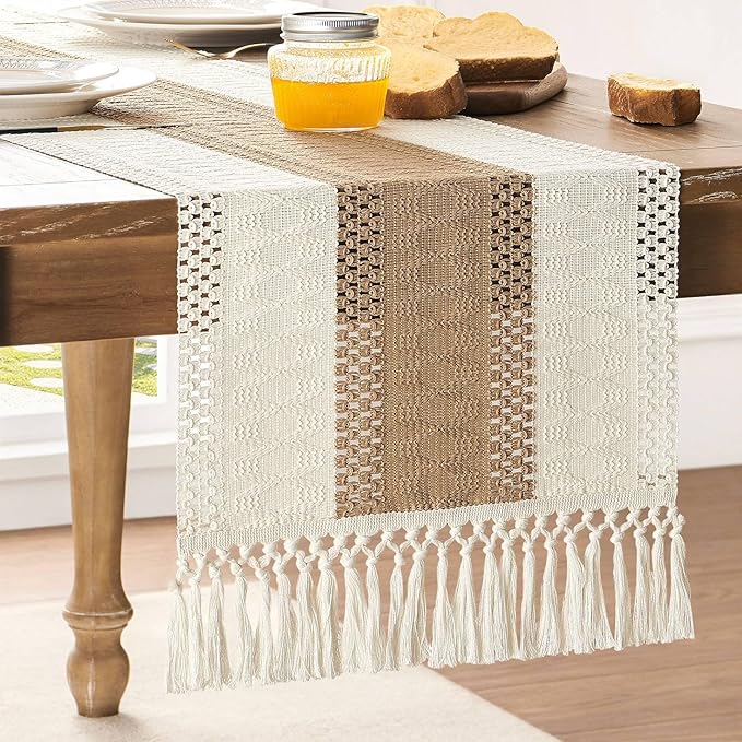 ZeeMart Macrame Style Bicolor Stitching Table Runner, 14 x 60 Inch Brown/Ivory, Boho Neutral Table Runners 60 Inches Long, Farmhouse Woven Home Decor