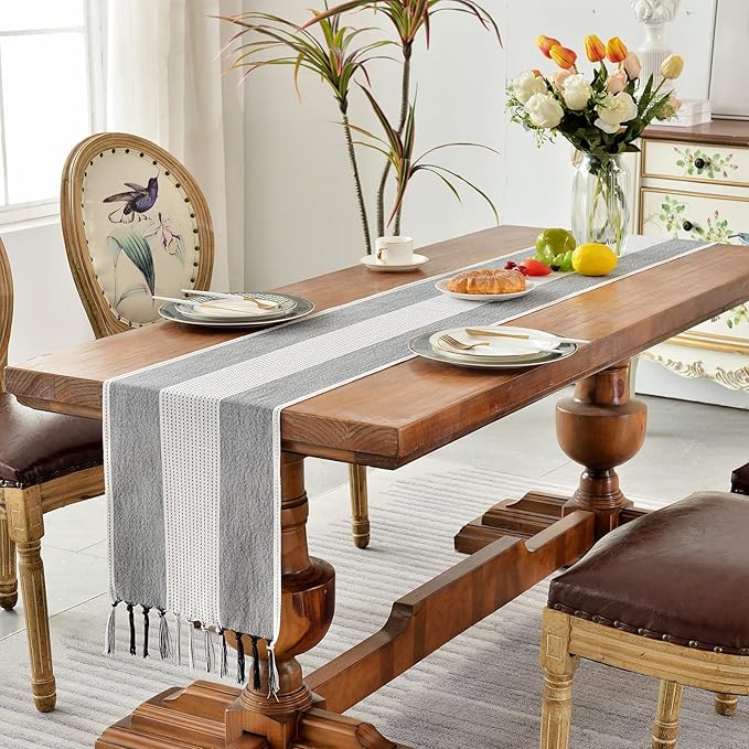 Wracra Linen Table Runner, Farmhouse Macrame Table Runners 108 Inches Long for Dining Table Decor, Wedding, Party and Dresser Decor (Black,108")
