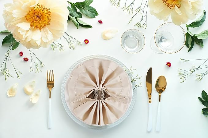 Ramanta Home 12 Pack Cloth Napkins 20x20 Inches, 100% Polyester Napkins with Hemmed Edges, Washable Reusable Dinner Napkins Ideal for Parties, Weddings, Dinner Table, Hotels and Banquets -Beige