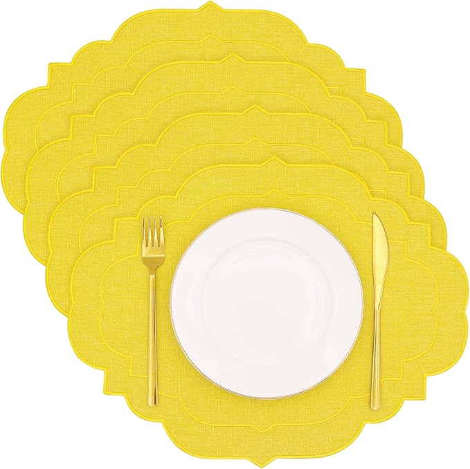 Cotton Linen Oval Placemats Set of 4, HADEEONG Table Mats Cloth Placemats, Washable Wrinkle Resistance, Scalloped & Embroidered Fabric Placemats, 17.71 x 13.77inch (Yellow, 4)