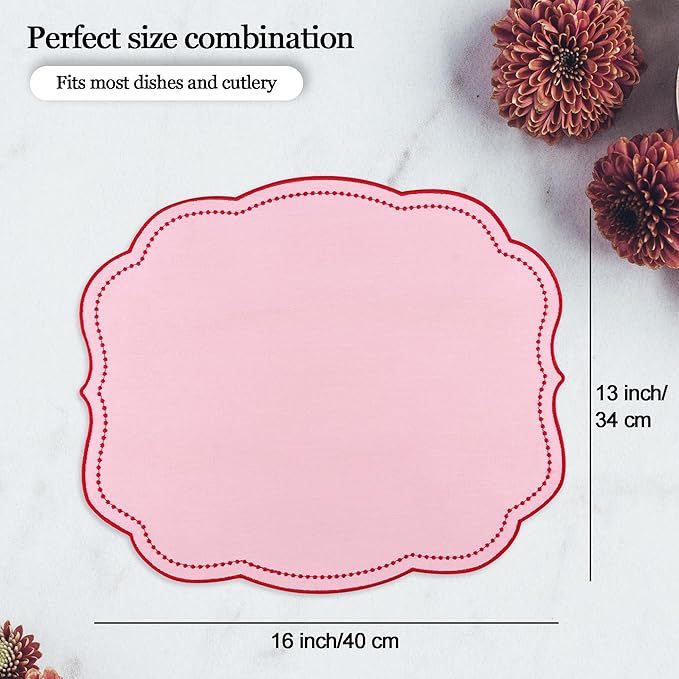 Cotton Linen Placemats Set of 4 - Double Layered, Luxury Scalloped Embroidered Cloth Table mats - Holidays, Christmas, Washable Mat, 16 x 13 inch (Pink)