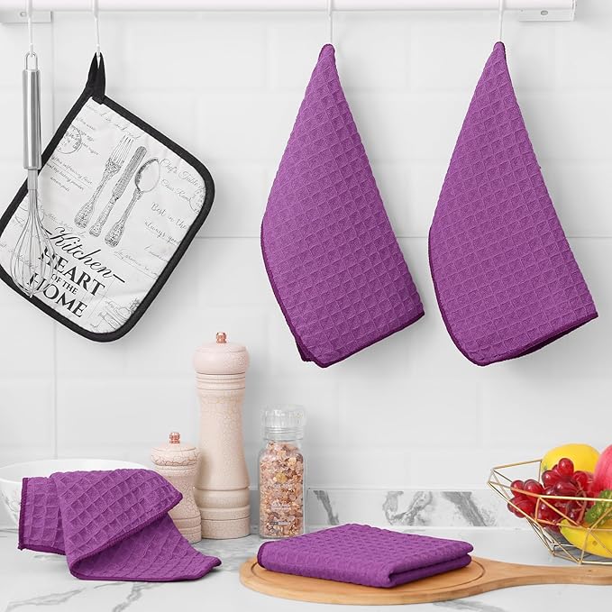 Homaxy Microfiber Waffle Weave Kitchen Towels Set, 16 x 28 Inch and 12 x 12 Inch Ultra Absorbent and Solid Color Dish Towels, 12 Pack, Purple