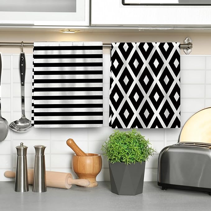 White Black Kitchen Towels Decorative Set of 4, Soft Absorbent Abstract Modern Dish Towels for Drying Dishes, Hand Drying Baking Cooking Cloth for Kitchen Bathroom Farmhouse Home Decor