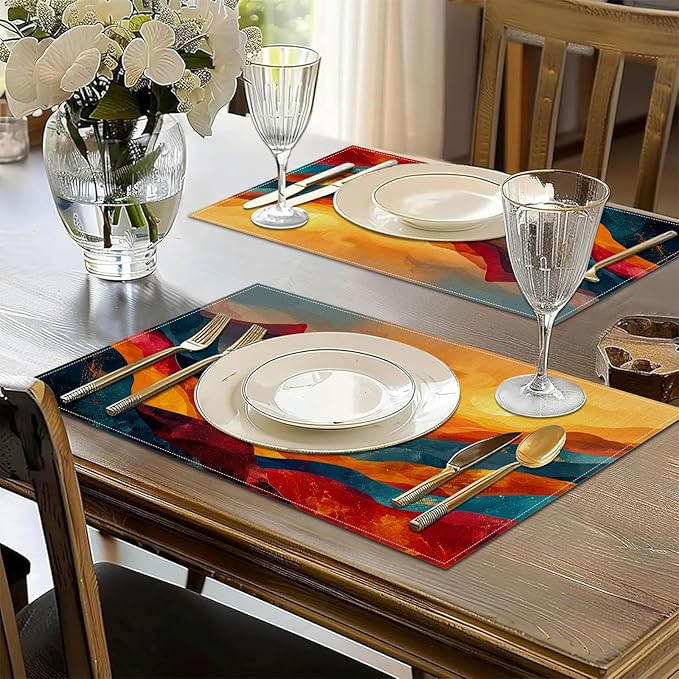 Abstract Mountain Sunset Placemats Set of 6, Washable Linen Place Mat Heat Resistant Non Slip Kitchen Dining Table Mats 12x18 Inch