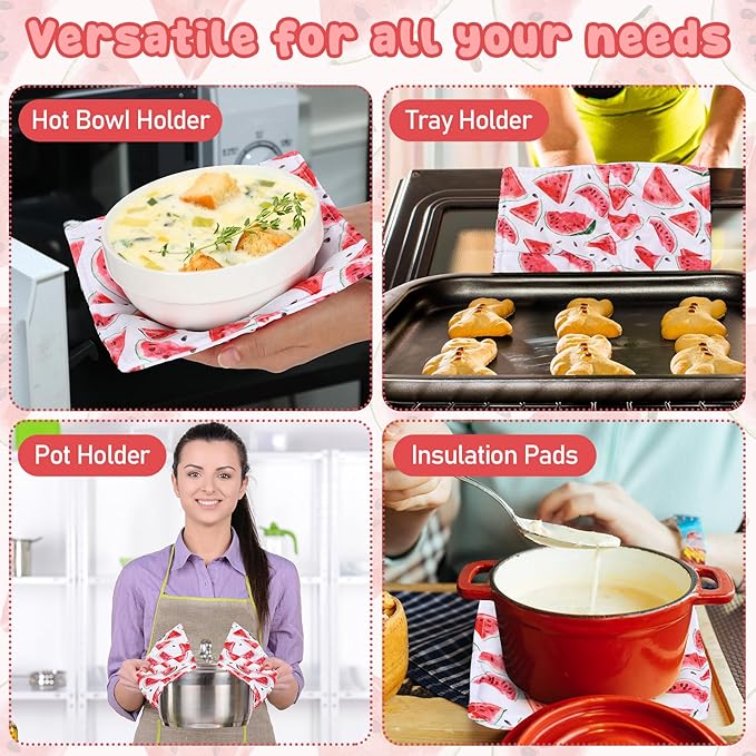Cunhill 4 Pcs Cotton Microwave Bowl Cozy Holders for Hot Food Hot Pads Soup Bowl Potholders Heat Resistant Multipurpose Quilted Safe Holders for Kitchen Plate Supply(Red,Watermelon)