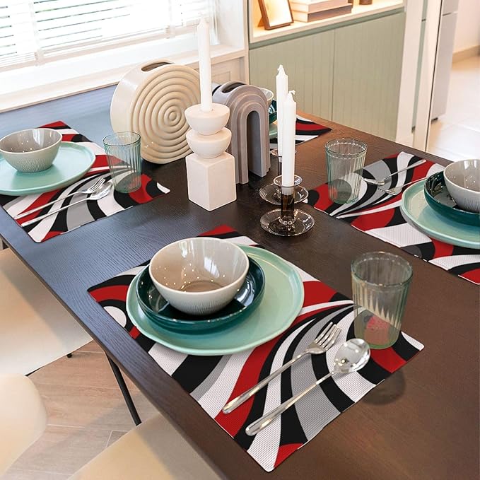 Black Red Retro Modern Swirl Linen Placemats Set of 4, Washable Heat Resistant Table Mats for Dining Table Kitchen Party Holiday Outdoor Farmhouse Gardening, Kitchen Home Decor, Black Red White Grey