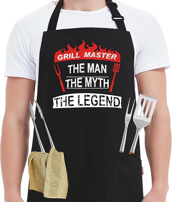 Kaidouma Grill Aprons for Men Funny - Grill Master The Man The Myth The Legend - Men’s Adjustable Bib Cooking Grilling BBQ Aprons with 2 Pockets and Long Ties