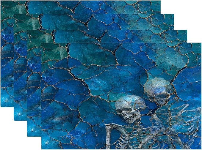 Batmerry Lapis Lazuli Skeleton Placemats, Cracked Blue with Skulls Washable Linen Table Mats for Kitchen Table Double Insulation Decor Dining Set Indoor Outdoor 12X18 in Set of 4