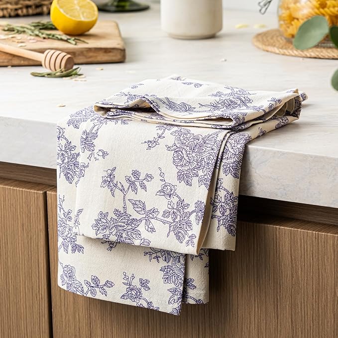 100% Cotton French Pastoral Kitchen Towels Set of 2, Decorative Flour Sack Tea Towels with Hanging Loop 18x25 Inch Absorbent Dish Cloths Farmhouse Home Decor, Purple