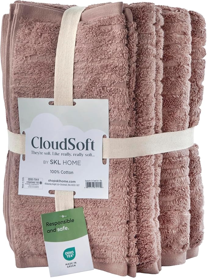 SKL Home CloudSoft 100% Cotton Luxury 6-Piece Towel Set, 600 GSM, Ultra Plush & Absorbent - 2 Bath Towels, 2 Hand Towels, 2 Washcloths, Clay