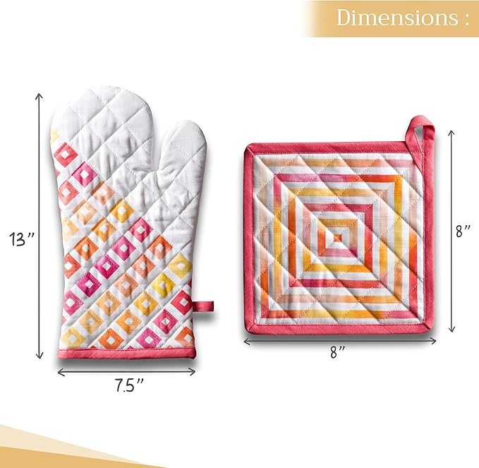 Maison d' Hermine 100% Cotton Oven Mitt & Pot Holder Set (7.5"x13" & 8"x8") Heat Resistant BBQ Cooking Gloves with Loop Baking Grilling Kitchen Gifts for Mothers Day Spring/Summer (Summer Maze)