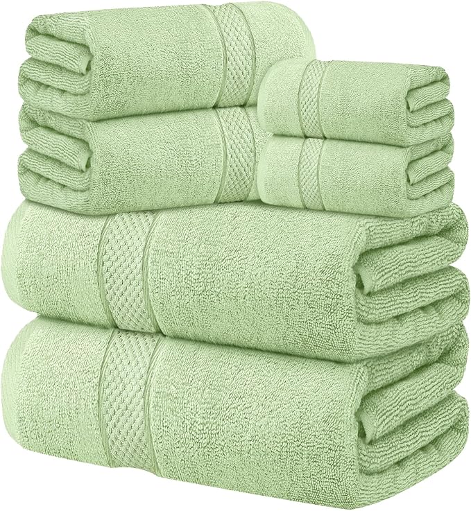 Oakias Premium Towel Set 600 GSM 6 Piece Green - 100% Ring Spun Cotton Highly Absorbent Towels Set - Super Soft Bathroom Towel Set - Hotel Quality Double Stitched Hem - Ideal for Hotels, Spa, Gyms