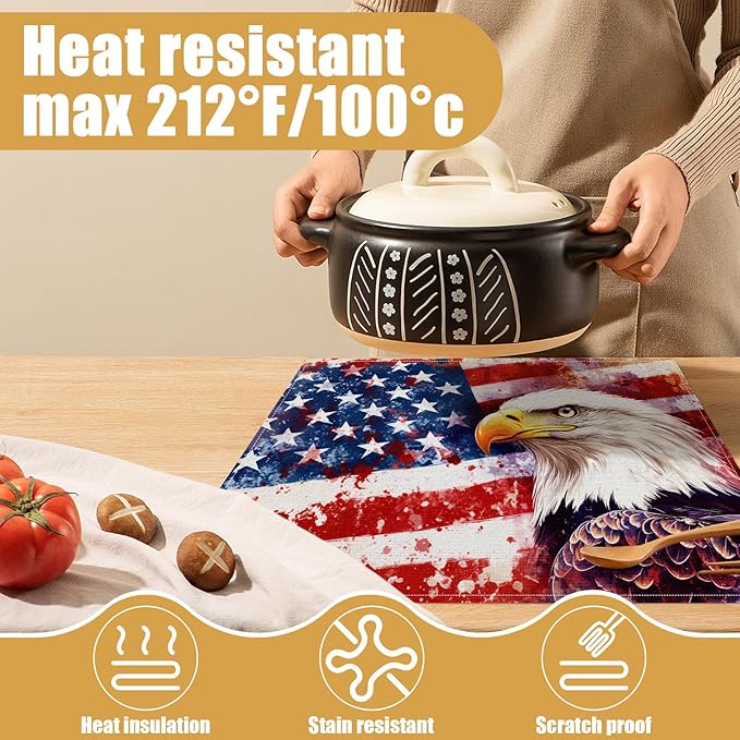 Eagle USA Flag Placemats Set of 6, Linen Place Mat Washable Stain Resistant Table Mats for Farmhouse Kitchen Dining Holiday Party Wedding Decor 12x18 Inch