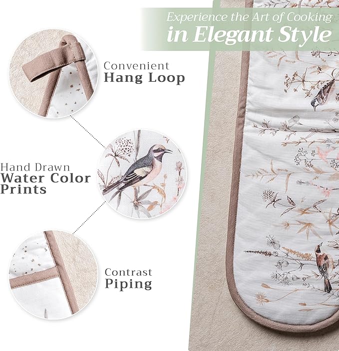 Maison d' Hermine Double Oven Mitts 100% Cotton 7"x35" Double Oven Mitt Heat Resistant BBQ Cooking Gloves with Loop Baking Grilling Gifts for Mothers Day Spring Summer (Meadow Florals - Brown)