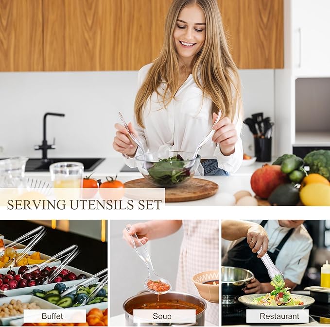 Mwellewm 24Pcs Plastic Serving Utensils Disposable Serving Spoons for Buffet Clear Forks Serving Tongs 8.5''Heavy Duty Large Party Utensils Supplies for Restaurant Food Dinner Salad Noodles Soup