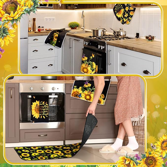 Fourluoo 10 Pcs Sunflower Kitchen Decor Sunflower Oven Mitts and Pot Holders Set Black Dish Towels Summer Rugs Mats Farmhouse Kitchen Accessories for Chef Baking Cooking Grilling BBQ Women Home Gift