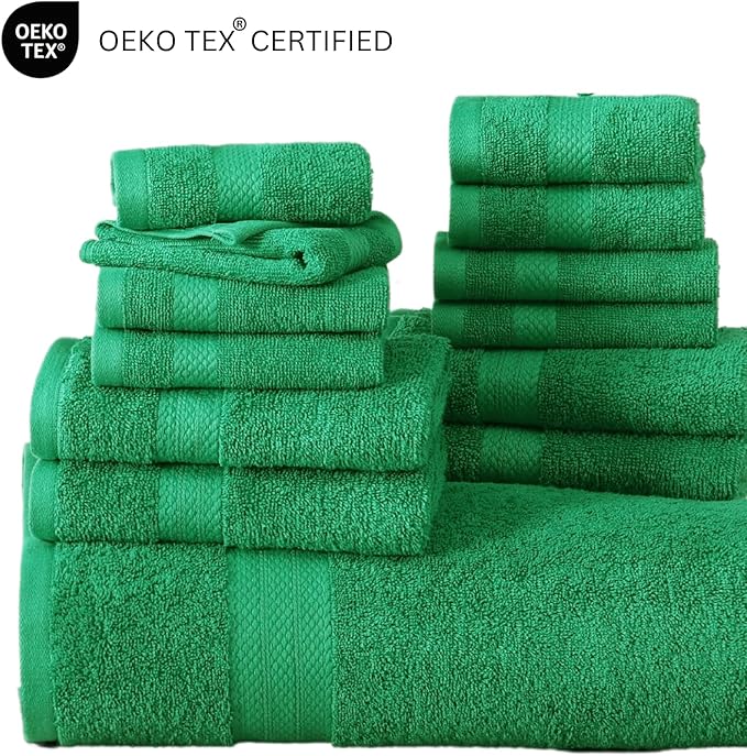 LANE LINEN Bath Towel Set - 24 PCs - Durable, Absorbent, Soft & Quick Dry - 100% Ring Spun Cotton Towels Set - 4 Bath, 4 Fingertip, 6 Hand Towel, 8 Washcloth, 2 Bath Sheet Set - Emerald