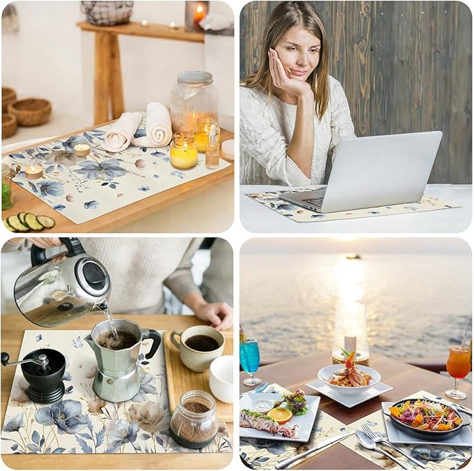 comfoyar Brown Grey Poppy Flowers Placemats Set of 4, 12x18 Inch Non-Slip Linen Spring Watercolour Floral Place Mats, Washable Absorbent Vintage Table Mats for Kitchen Dining Party Table Decoration