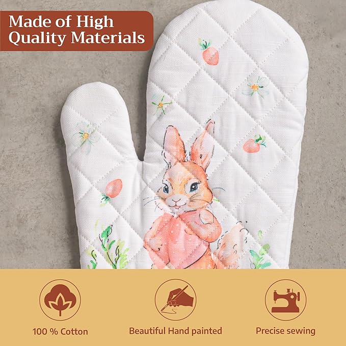 Maison d'Hermine Oven Gloves 100% Cotton Oven Mitt 7" x 13" with Loop Heat Resistant BBQ Cooking Gloves Baking Grilling Gifts for Mothers Day Spring/Summer (Pack of 1, Bunny Party)