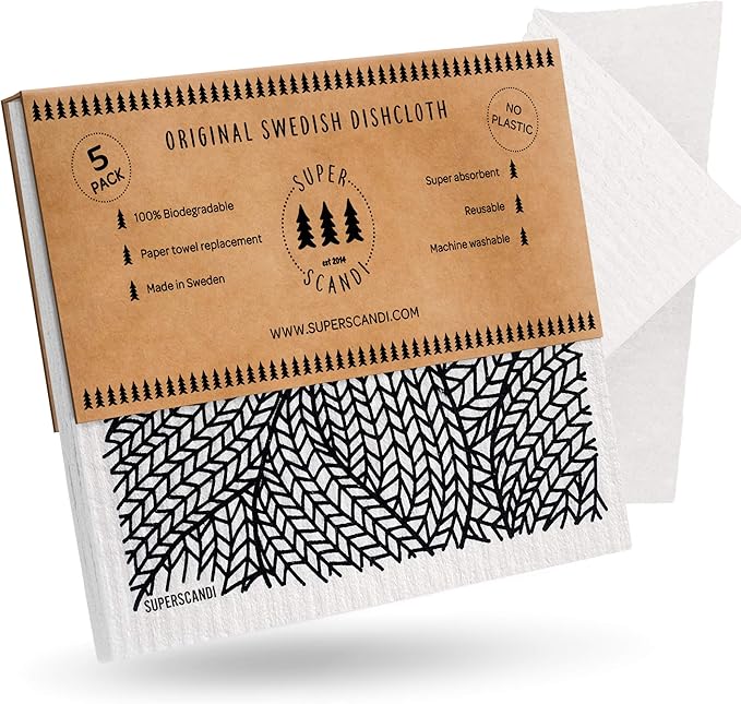 SUPERSCANDI 5 Pack Swedish Dishcloths for Kitchen - 100% Biodegradable & Compostable Reusable Paper Towels Washable, Food-Safe & Without Plastic - Dish Rags for Any Surface, Line Knitting Black
