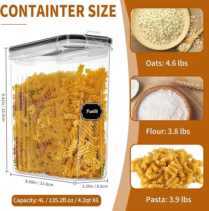 HKJ Chef Cereal Containers Storage Set (4L / 135.2oz), 6PCS Airtight Food Storage Containers with Lids, Cereal Dispensers for kitchen Pantry Organizers and Storage with Pour Spout, 20 Labels, Marker