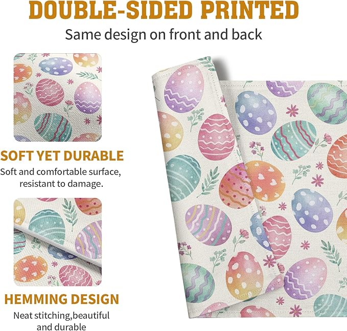 Easter Placemats Set of 4 Watercolor Colorful Eggs Floral Table Mats 12x18 Inch Spring Washable Heat Resistant Linen Fabric Place Mat for Indoor Outdoor Kitchen Dining Home