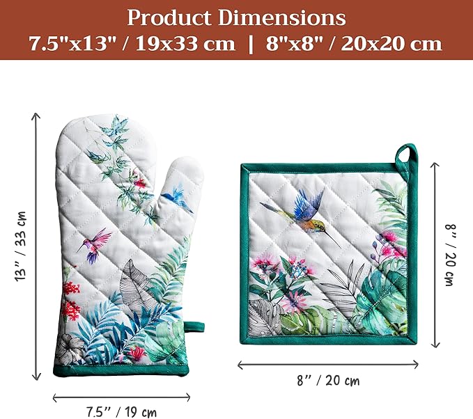 Maison d' Hermine 100% Cotton Oven Mitt & Pot Holder Set (7.5"x13" & 8"x8") Heat Resistant BBQ Cooking Gloves with Loop Baking Grilling Kitchen Gifts for Mothers Day Spring/Summer (Tropiques)