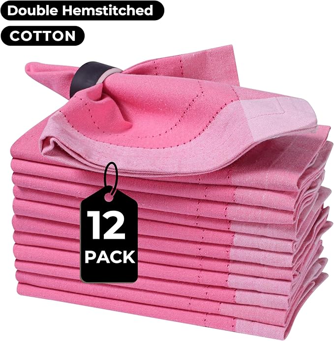 Bedding Craft Cotton Cloth Dinner Napkins Set of 12 – 20x20 Pink Multi Double Hemstitched – Machine Washable Fabric Napkins for Weddings, Parties & Dining Tables