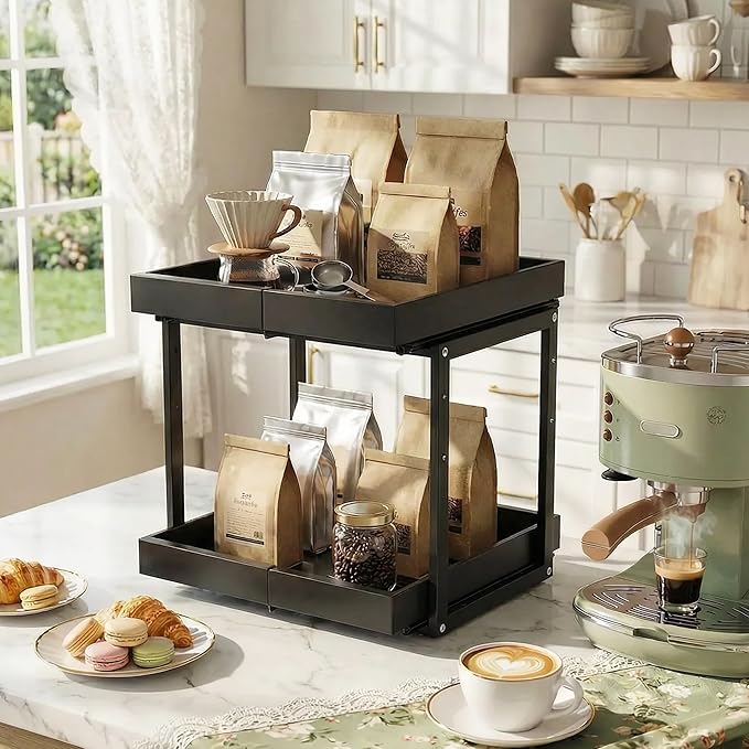 Abalter Expandable Pull Out Cabinet Organizer, 2-Tier Slide Out Drawer for Kitchen Cabinets, Adjustable Width 12-18.5", Slide Out Shelves for Kitchen Countertop, Bathroom, Pantry, Heavy Duty Caddy