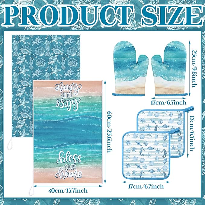 Leinuosen 6 Ocean Kitchen Towels Kitchen Decor and Accessories Set Floral Plant Oven Mitts and Pot Holders Sets Farmhouse Absorbent Dish Towels for Cooking Baking Grilling