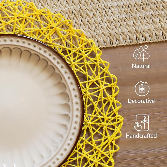 AHHFSMEI Paper Braided Round Placemats Set of 12 Natural Non-Slip Heat Resistant Table Mats for Dining Tables Woven Indoor Outdoor Place mats(Yellow,12)