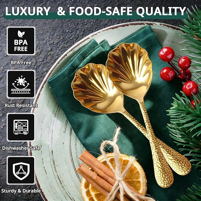 Serving Spoons 4Pack, 18/10 Stainless Steel Large Serving Spoons Set, Hammered Long Handle Serving Spoons for Buffet, Scalloped Design Serving Utensils for Kitchen Party Buffet Banquet (Gold)