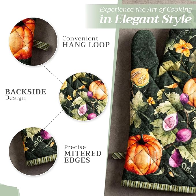 Maison d' Hermine 100% Cotton Oven Mitt & Pot Holder Set (7.5"x13" & 8"x8") Heat Resistant BBQ Cooking Gloves with Loop for Christmas Decorations Handling Hot Pans (Pumpkin Garden - Dark Green)