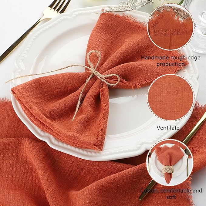 Cotton Blend Fringe Cloth Napkins - Crinkle Gauze Dinner Napkins, Reusable & Washable Table Napkins, 17" x 17" (43 x 43 cm), Multiple Colors, 12/24/48/100 Pack (12, Terracotta)