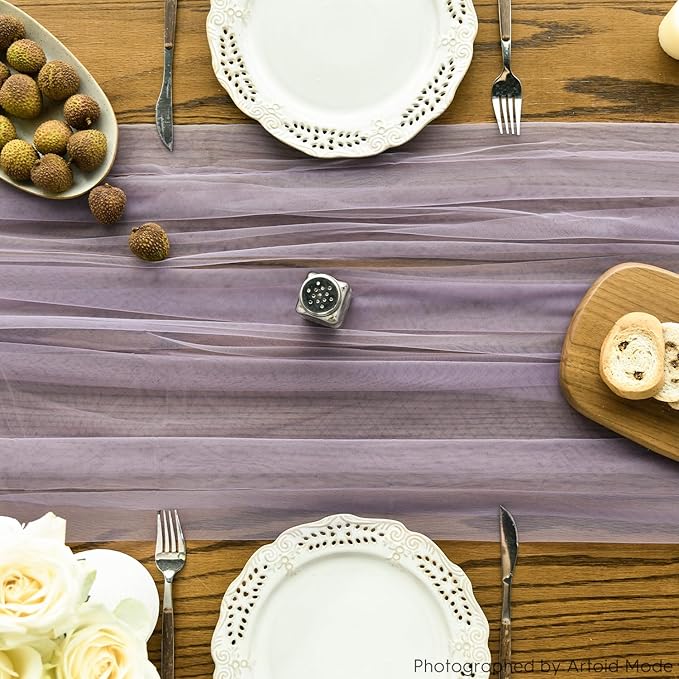 Artoid Mode Grayish Purple Gauze Table Runner 120 Inch 10FT, Seasonal Sheer Kitchen Dining Holiday Wedding Birthday Baby Shower Table Decor for Home Party