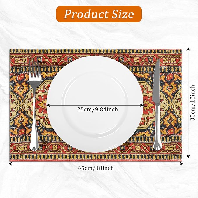 comfoyar Boho Vintage Red Placemats Set of 4, 12x18Inch Non-Slip Linen Bohemia Flower Place Mats, Washable Absorbent Rustic Country Style Table Mats for Framhouse Kitchen Dining Party Table Decoration