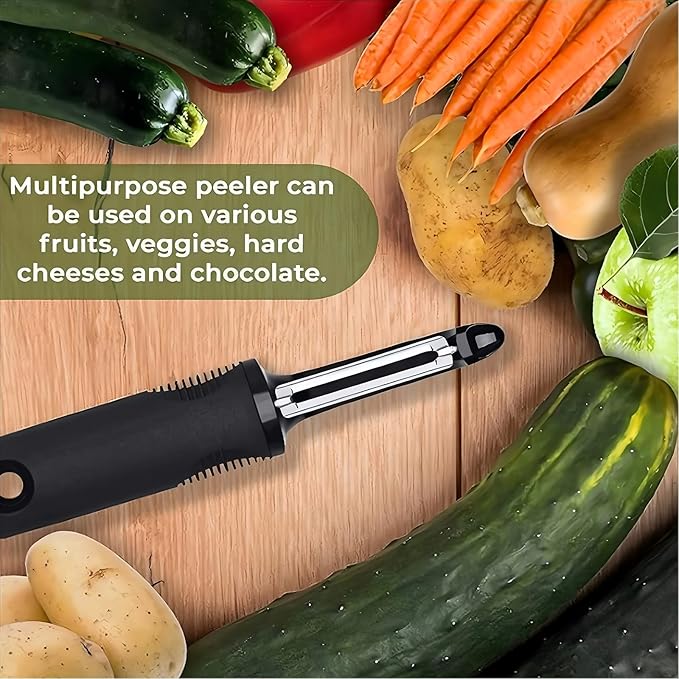 Swivel Vegetable Peeler with Non-Slip Ergonomic Handle, Rust-Proof Steel Blades, Built-in Potato Eye Remover, Plastic Blade Guard, Kitchen Peeler for Potato, Carrot, Apple, Veggie, Fruit, Black