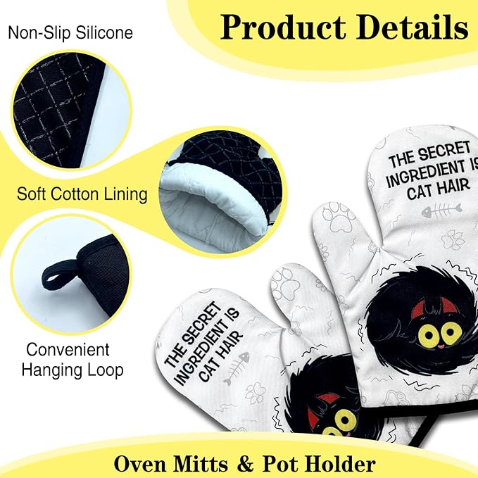 Funny Black Cat Oven Mitts and Pot Holders Set of 3, The Secret Ingredient is Cat Hair, Heat Resistant Non-Slip Kitchen Mitts Hot Pads, Sweet Housewarming Gifts for Hostess Baker Friend