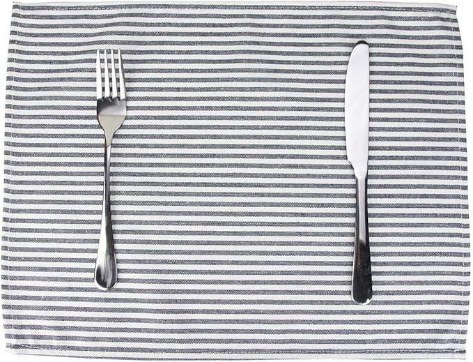 Plain Striped Cotton Linen Blended Dinner Cloth Napkins - Set of 12 (40 x 30 cm) - for Events & Home Use (Black)