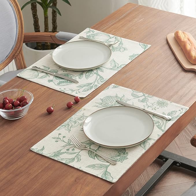 JINCHAN Linen Floral Placemats Set of Cloth Table Mats Rustic Cottagecore Botanical Outdoor Seasonal for Kitchen Dining Decor Heat Resistant Non-Slip Washable Tablemats 13x19 Inch Sage Green