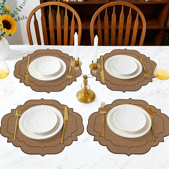 Cotton Linen Oval Placemats Set of 4, HADEEONG Table Mats Cloth Placemats, Washable Wrinkle Resistance, Scalloped & Embroidered Fabric Placemats, 17.71 x 13.77inch (Coffee, 4)