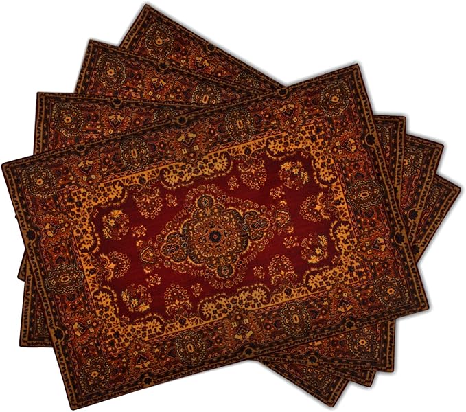 aportt Red Gold Boho Placemats Set of 4 Bohemian Vintage Retro Rug Carpet Linen Washable Kitchen Dining Table Mats Stain Heat-Resistant Desktop Decor Place Mats for Home Party Indoor 12x18 in