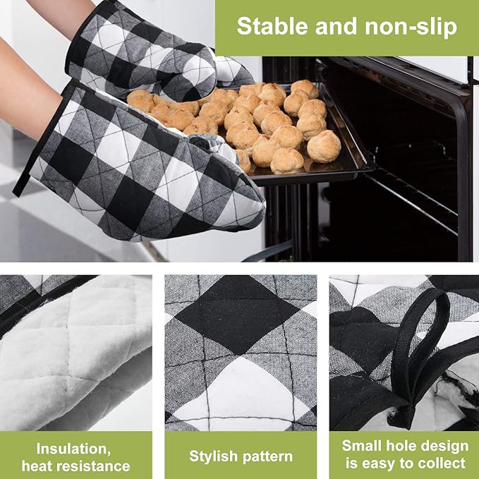 7 Pieces Buffalo Check Dish Towels Pot Holders Oven Mitts Set Cotton Plaid Kitchen Dish Towels Non-Slip Heat Resistant Oven Mitts and Pot Holders for Cooking Baking Grilling Supply (Black with White)