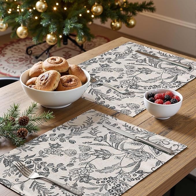 JINCHAN Linen Floral Placemats Set of 4 Cloth Table Mats Rustic Cottagecore Botanical Outdoor Seasonal for Kitchen Dining Table Decor Non-Slip Washable Tablemats 13x19 Inch Black
