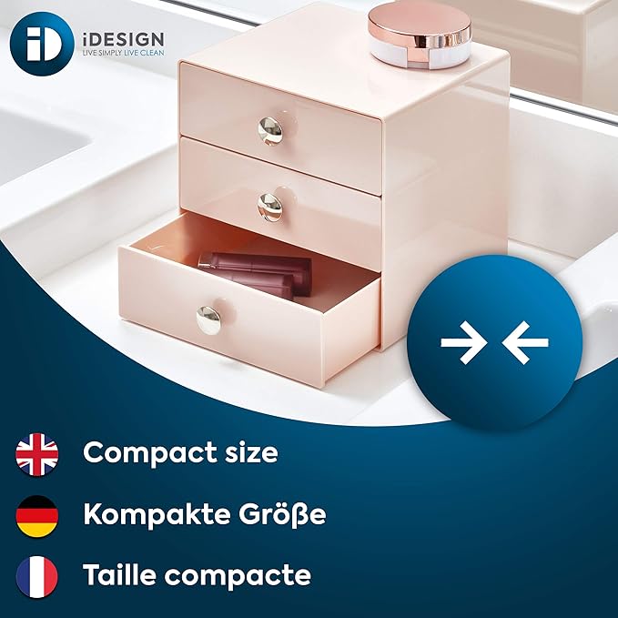 iDesign Plastic 3-Drawer Jewelry Box, Compact Storage Organization Drawers Set for Cosmetics, Dental Supplies, Hair Care, Bathroom, Office, Dorm, Desk, Countertop, 6.5" x 6.5" x 6.5", Pink