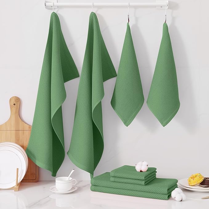 Homaxy 100% Cotton Kitchen Towels and Dishcloths Set, 12 x 12 Inches and 13 x 28 Inches, Set of 8 Bulk Kitchen Towels Set, Ultra Soft Absorbent Dish Cloths for Washing Dishes, Grass Green